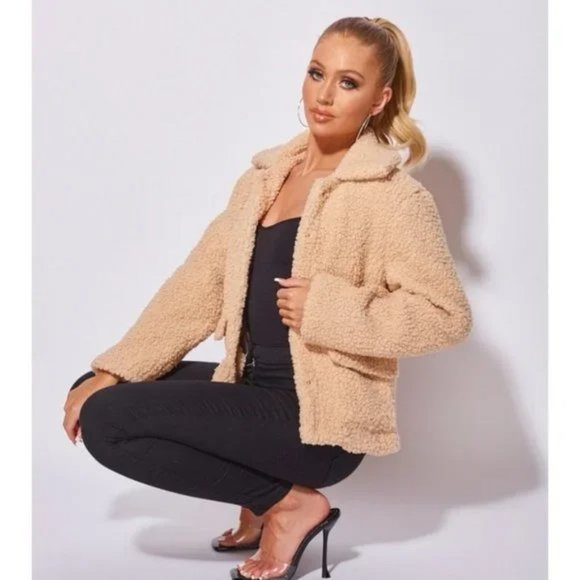 Camel Long Sleeve Collared Teddy Bear Fur Trucker Jacket - Picture 9 of 14